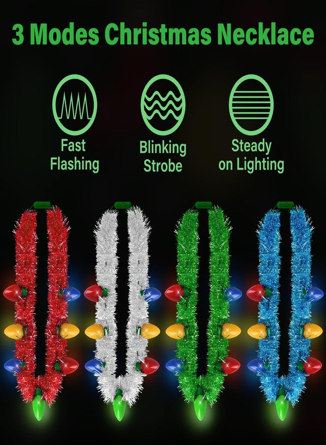 EOBOH Light up Christmas Necklace, 4PCS Tinsel Christmas Necklaces Accessories, 7 Bulb Xmas Red Yellow Blue Green Silver Necklaces Party Supplies, 3 Modes Necklace Accessories for Xmas Ugly Sweater New Year - Image 3